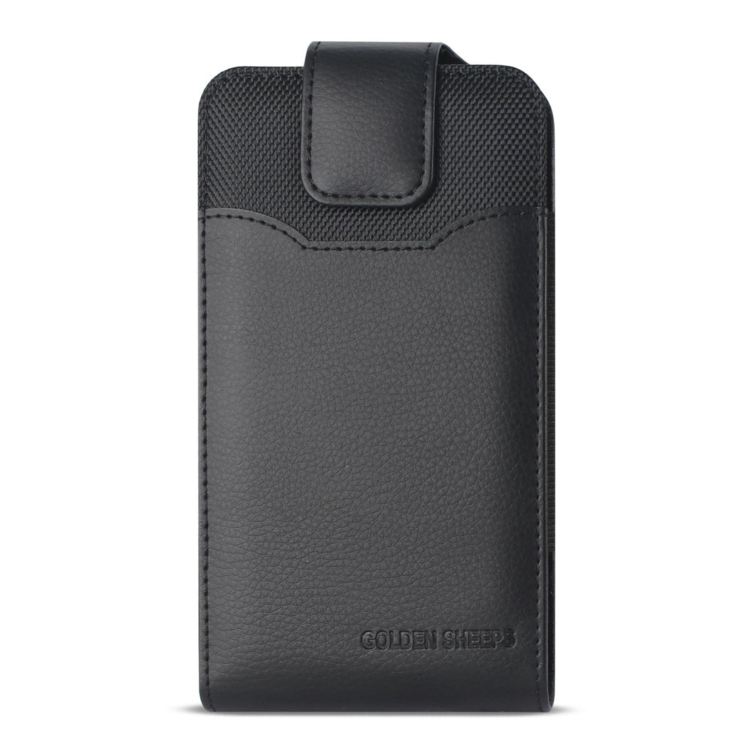 Golden Sheeps Pouch Compatible for LG K30/Premier Pro LTE/,K20V/ K20 plus /Harmony XXL SIZE Vertical Leather Belt Clip Holster Case Cover(phone with Large Thick / battery / heavy duty Case On)-black